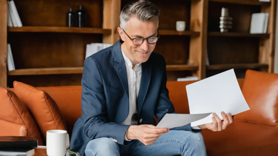 Business owner reviewing private capital raise documents and finder fee terms with legal counsel